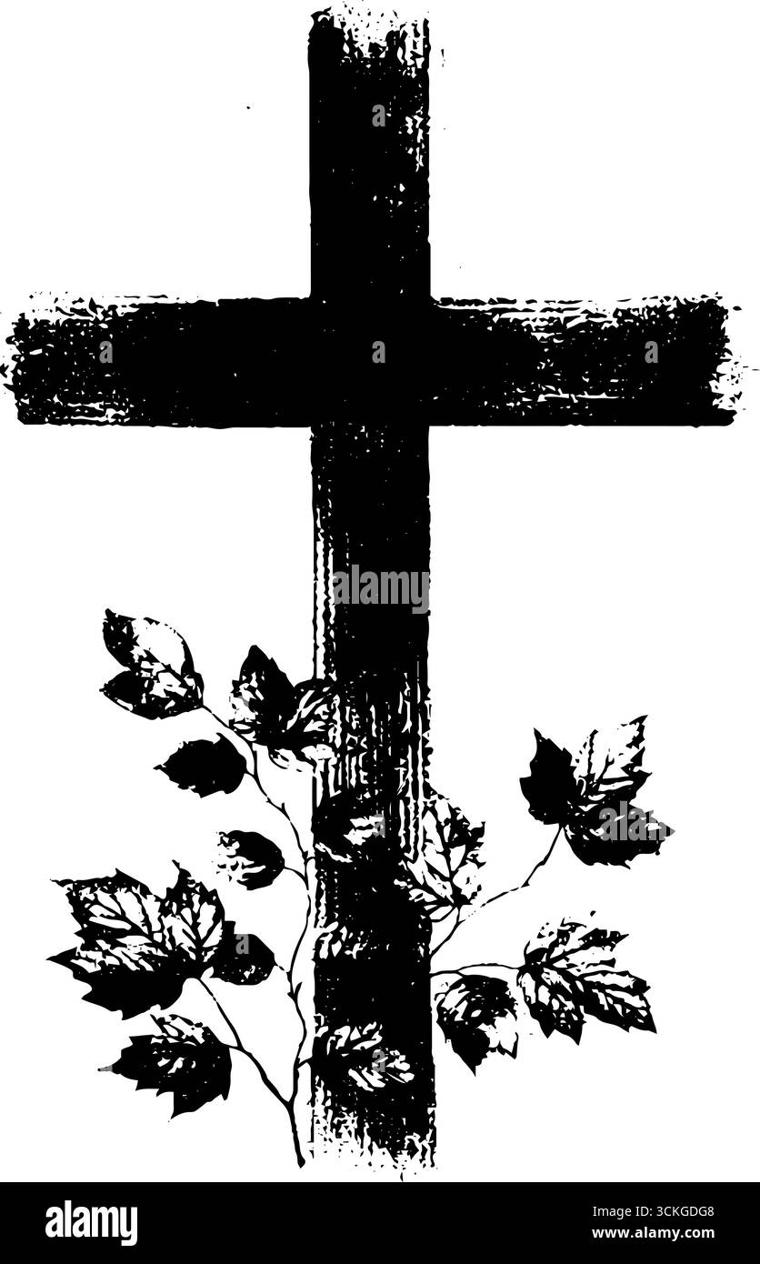 Grunge design de croix de cimetière noir et blanc avec feuilles pour l'art commémoratif et des affiches. Illustration de Vecteur