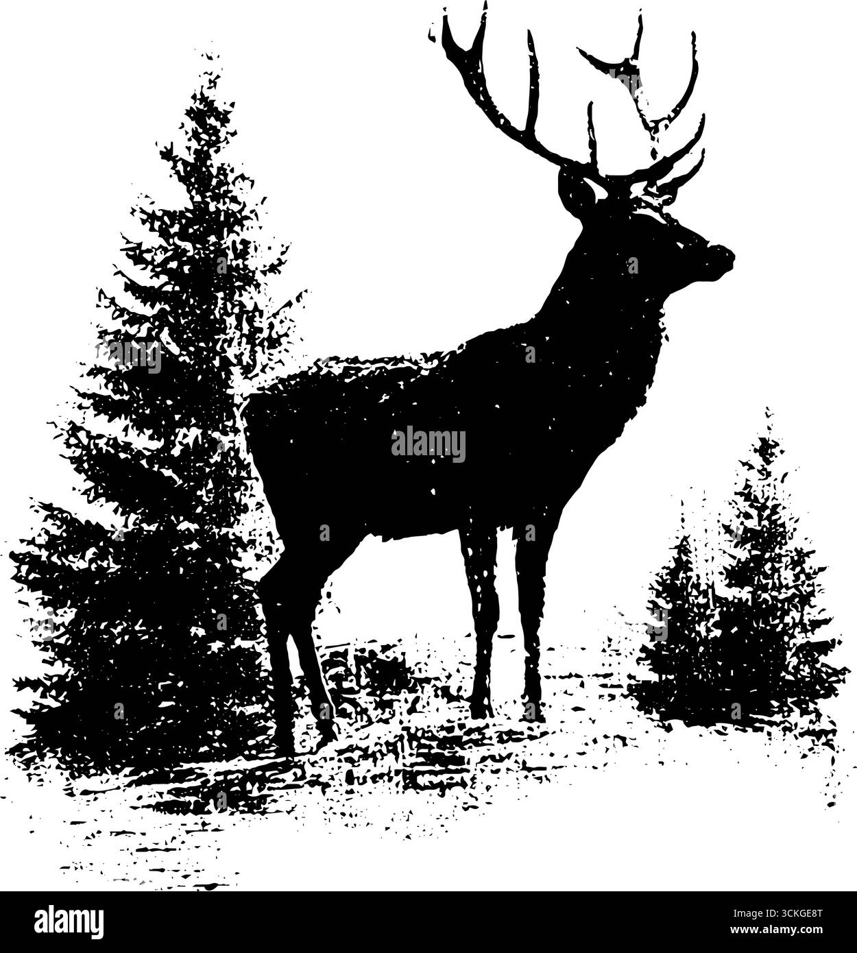 Silhouette de cerf noir et blanc grunge en forêt pour le design artistique. Illustration de Vecteur
