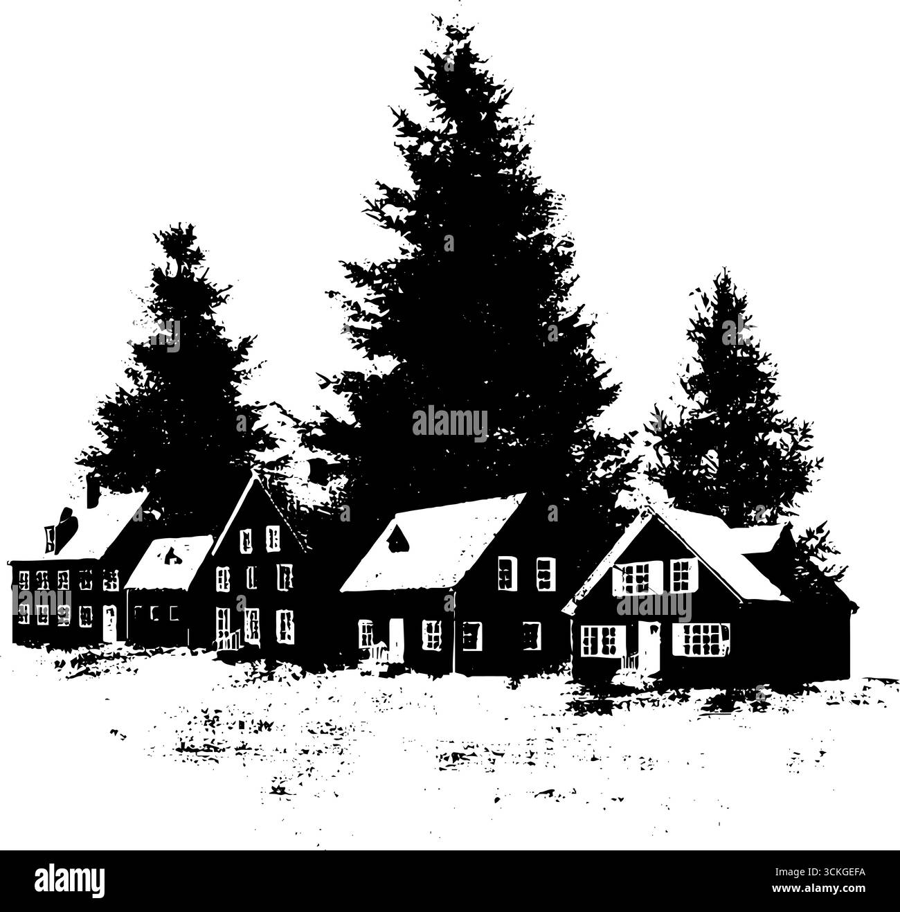 Scène de village de noël noir et blanc grunge pour la conception de vacances. Illustration de Vecteur