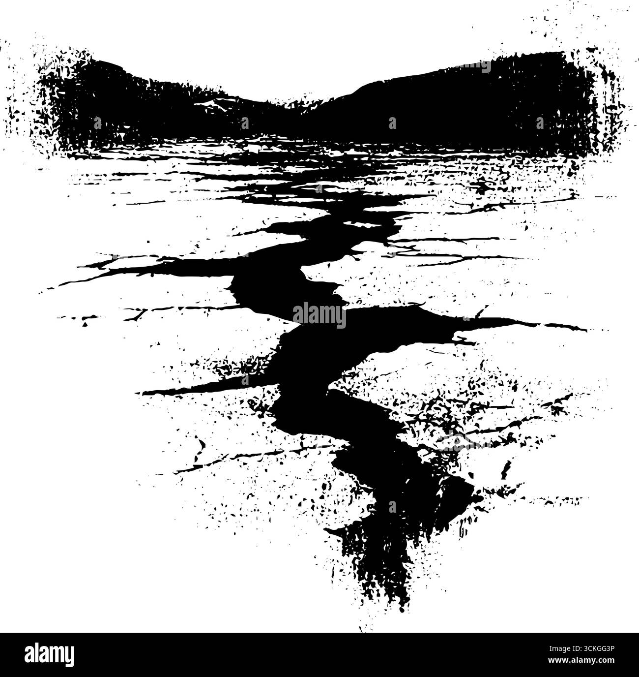 Grunge illustration de paysage noir et blanc de fissure de lac gelée en hiver. Illustration de Vecteur