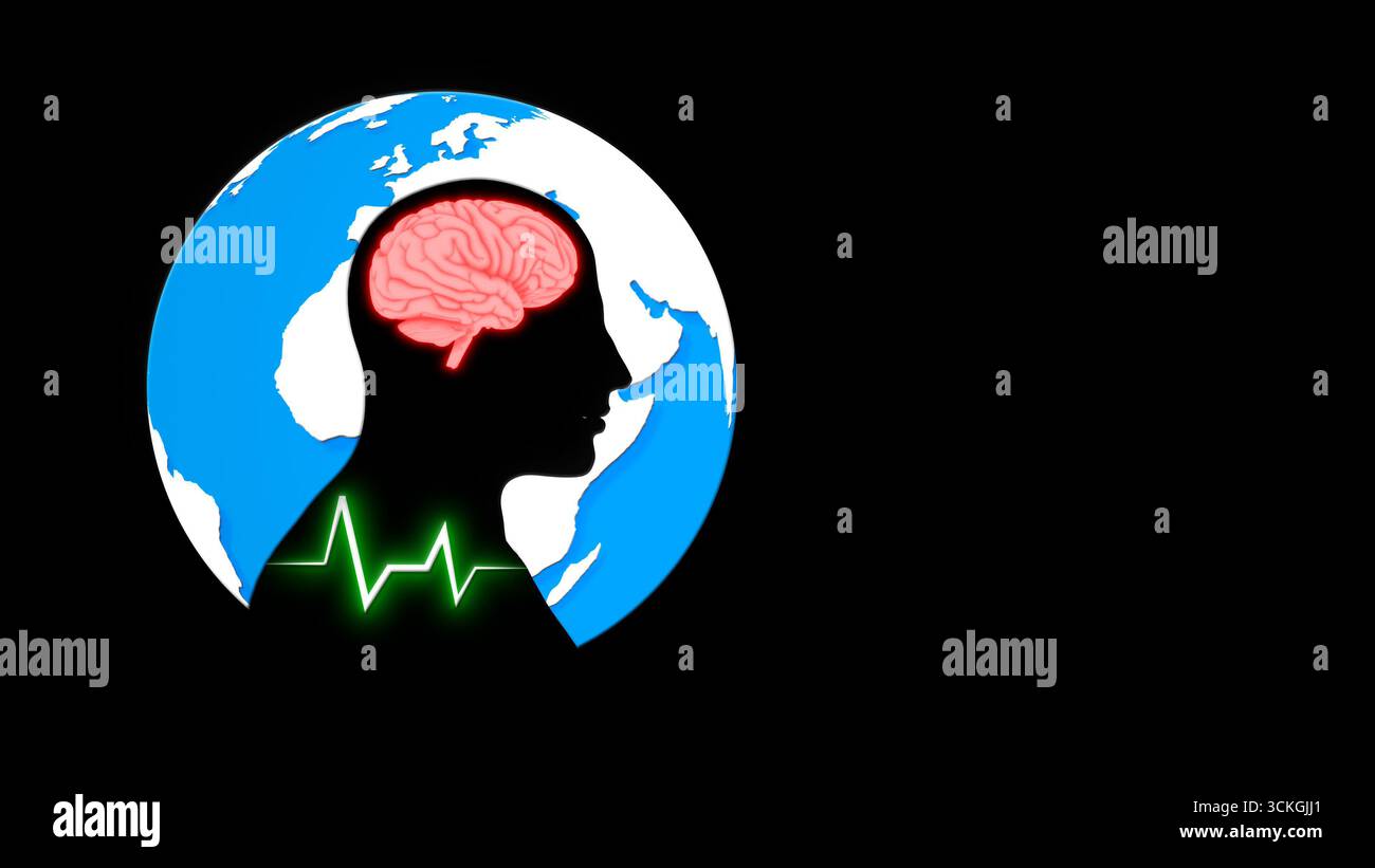Silhouette humaine avec cerveau à l'intérieur de la planète Terre sur fond noir Banque D'Images