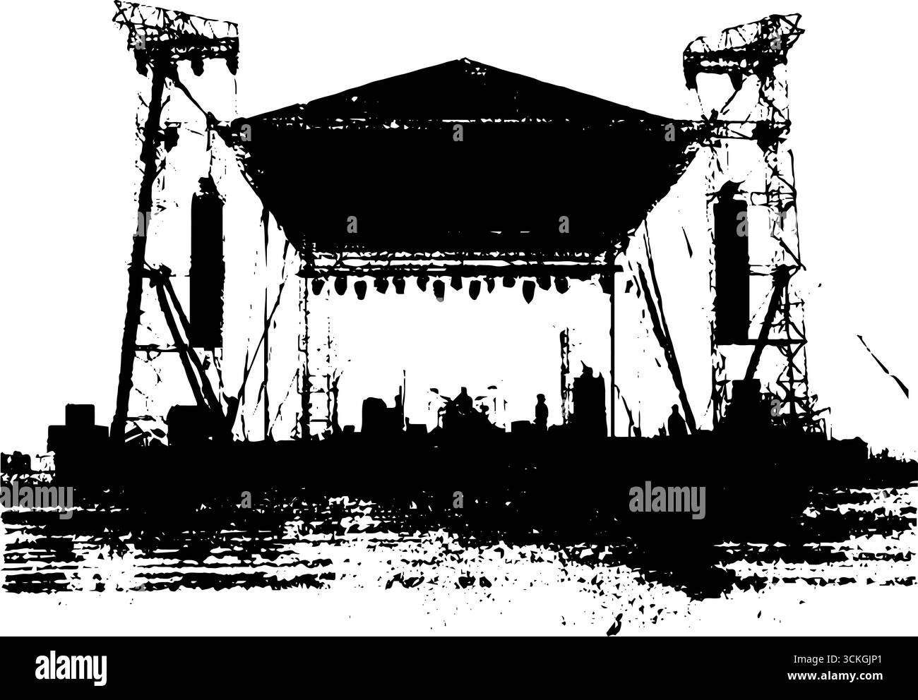 Grunge illustration noir et blanc de la conception de scène de festival de rock pour affiches et impressions. Illustration de Vecteur