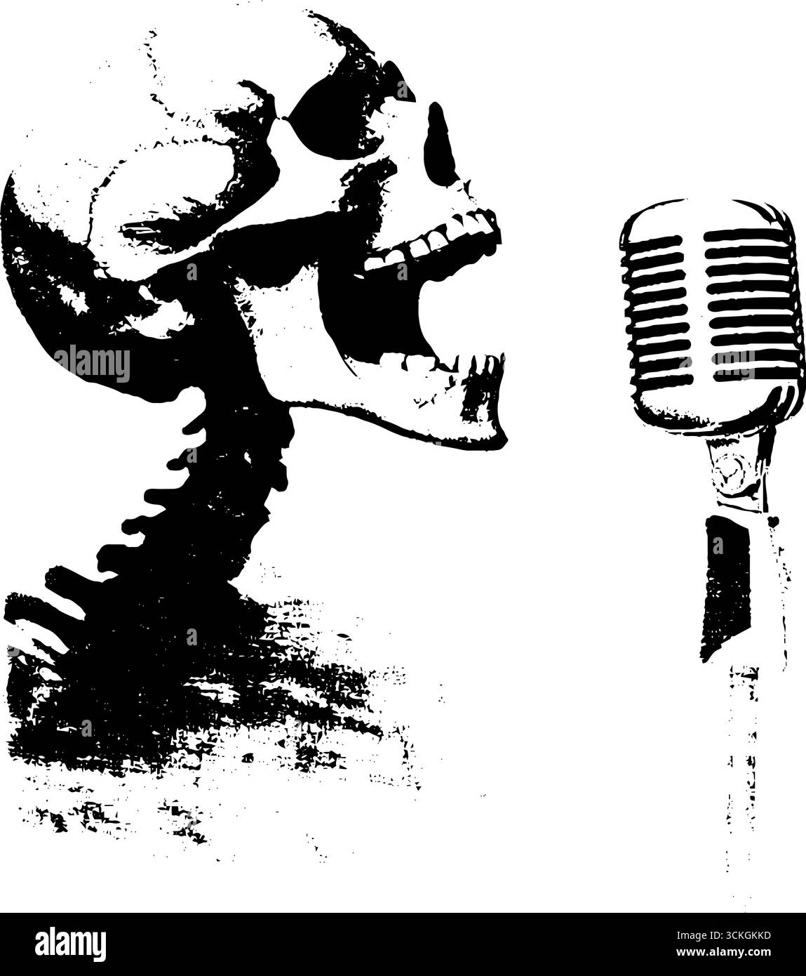 Grunge squelette noir et blanc chantant avec microphone vintage - design de musique urbaine pour affiches et impressions. Illustration de Vecteur