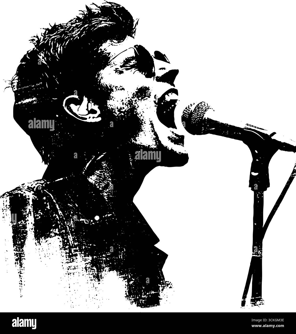 Chanteur punk noir et blanc grunge avec microphone - art musical urbain vintage pour affiches. Illustration de Vecteur