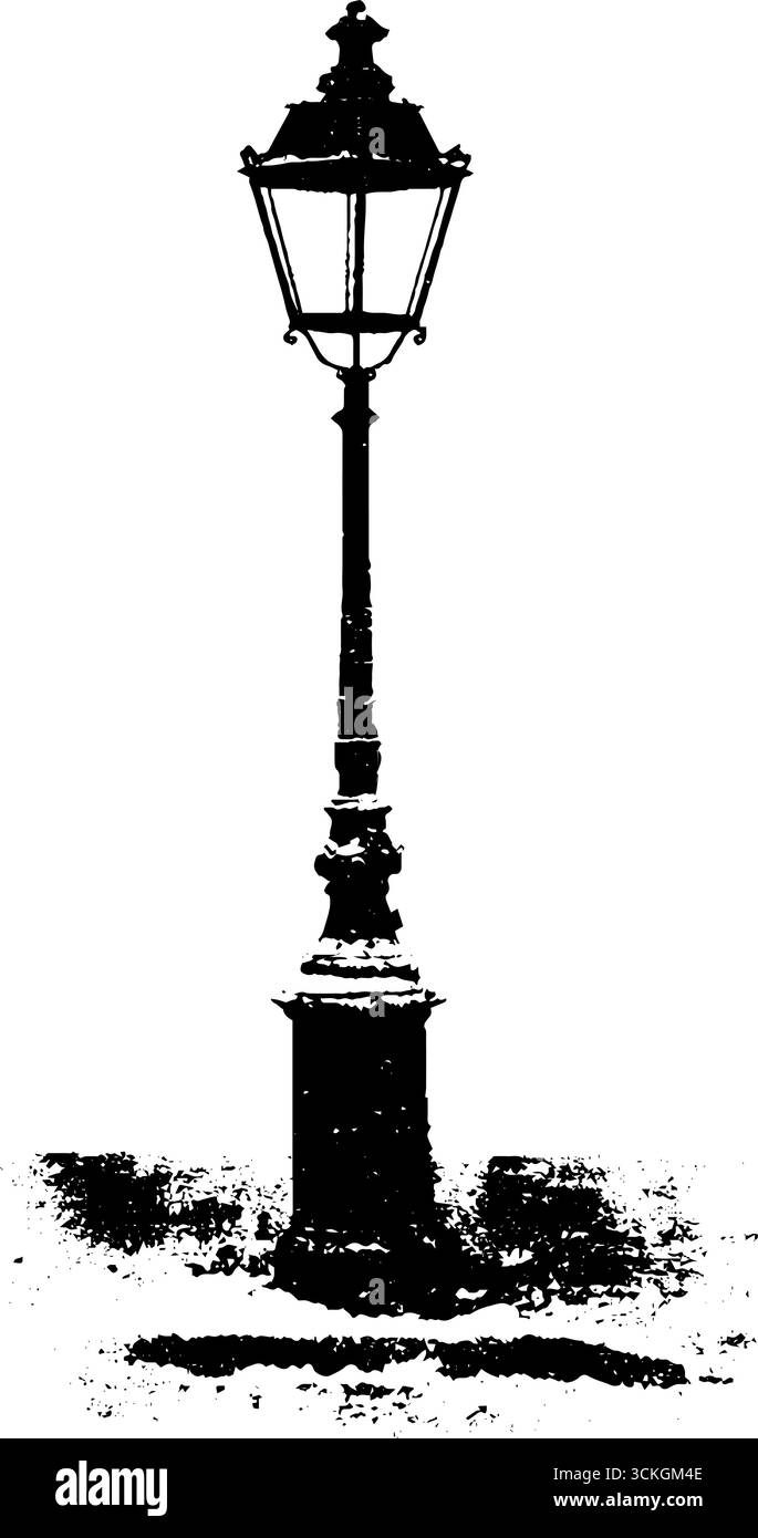 Lampadaire noir et blanc grunge vintage dans la scène hivernale urbaine enneigée pour le design artistique. Illustration de Vecteur