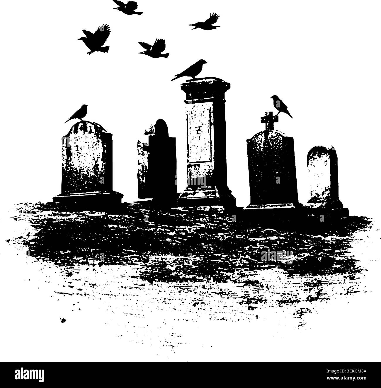 Scène de cimetière noir et blanc grunge avec pierres tombales et oiseaux pour la conception d'halloween. Illustration de Vecteur