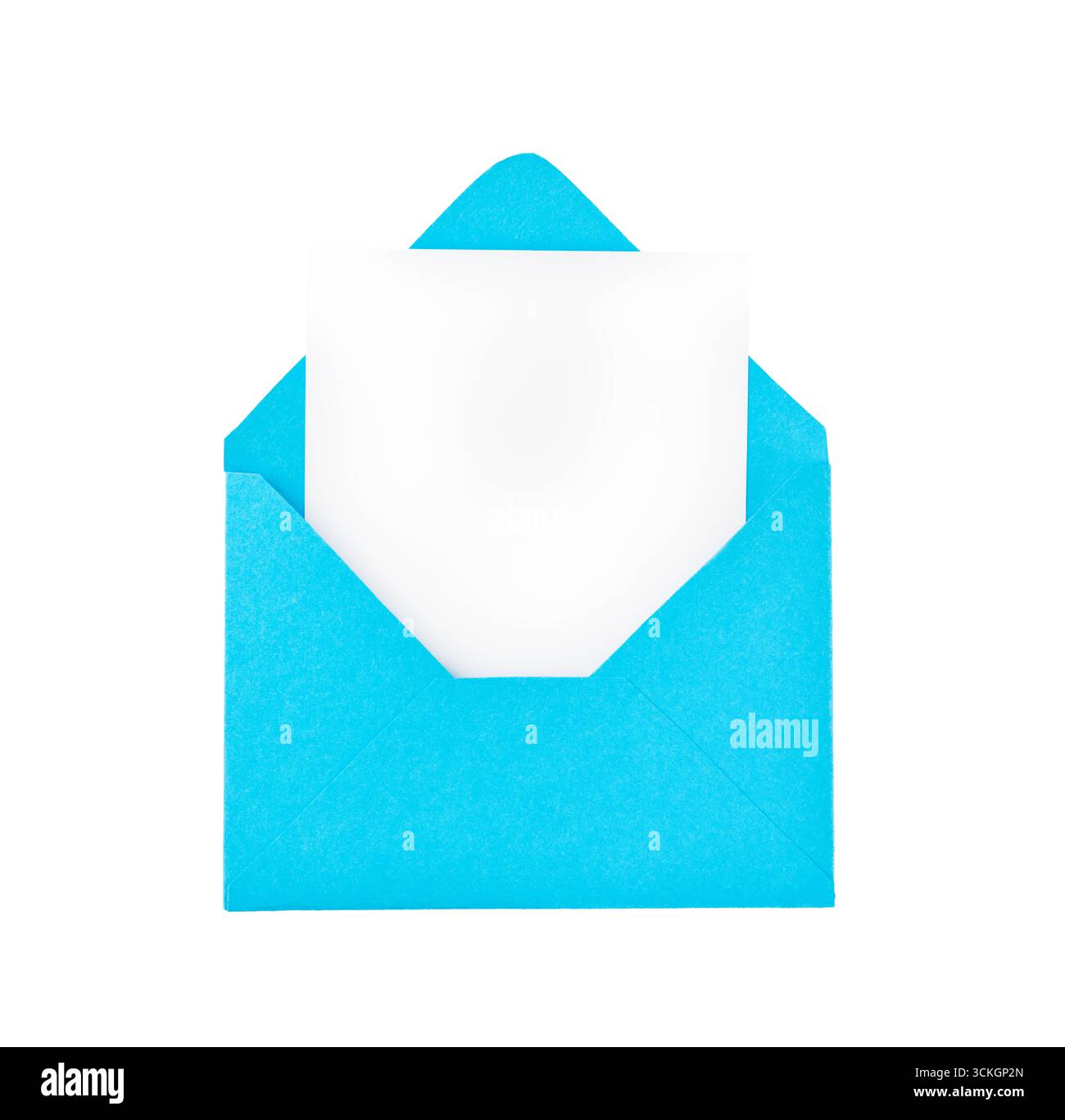 Vieille enveloppe de poste d'air en papier bleu ouvert avec feuille de papier vierge isolée sur fond blanc avec chemin de découpage. Elément de conception. Banque D'Images