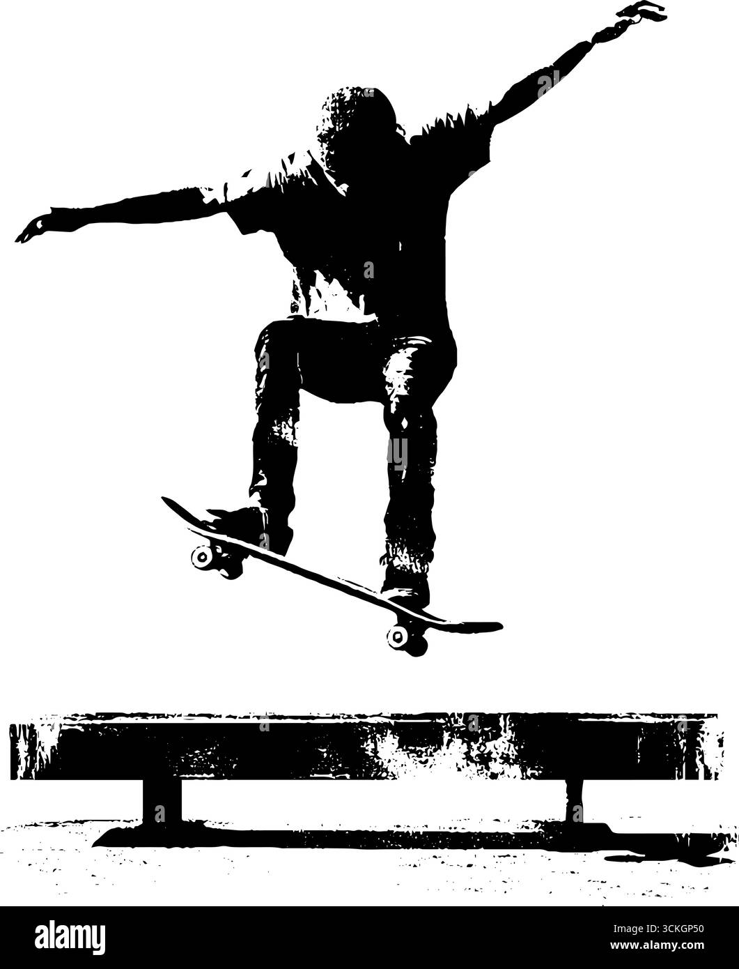 Silhouette grunge noir et blanc de skateboarder exécutant un truc pour le design urbain. Illustration de Vecteur