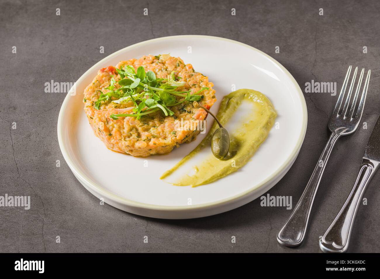 Patty de légumes cuit au four avec purée de pois et garniture microverte Banque D'Images Patty de légumes cuit au four avec purée de pois et garniture microverte Banque D'Images