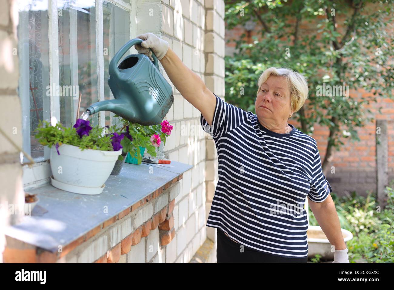 Portrait de femme âgée heureuse jardinage. Elle taille des fleurs. Banque D'Images