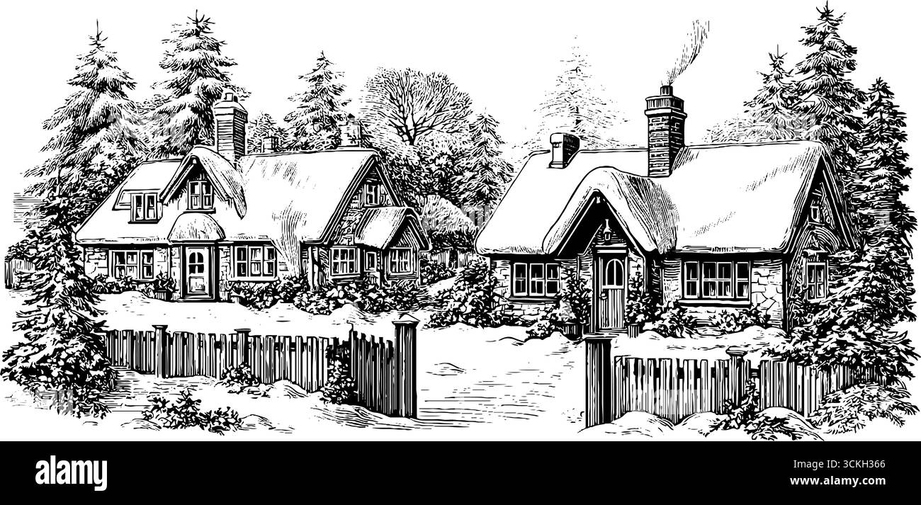 Scène de village d'hiver avec des chalets enneigés et des pins dans un style de gravure vintage. Illustration de Vecteur