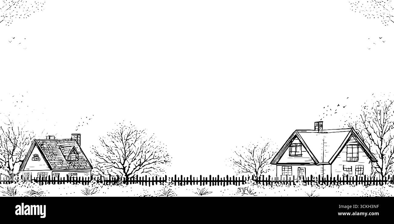 Charmante scène de village rustique dans un style de gravure vintage noir et blanc pour un décor classique. Illustration de Vecteur