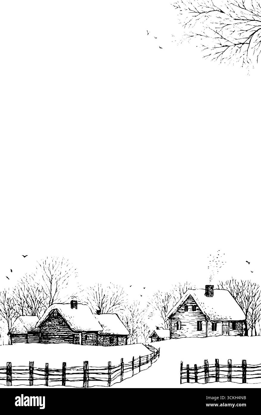 Scène de campagne hivernale avec des chalets enneigés en gravure noire et blanche pour un décor saisonnier. Illustration de Vecteur