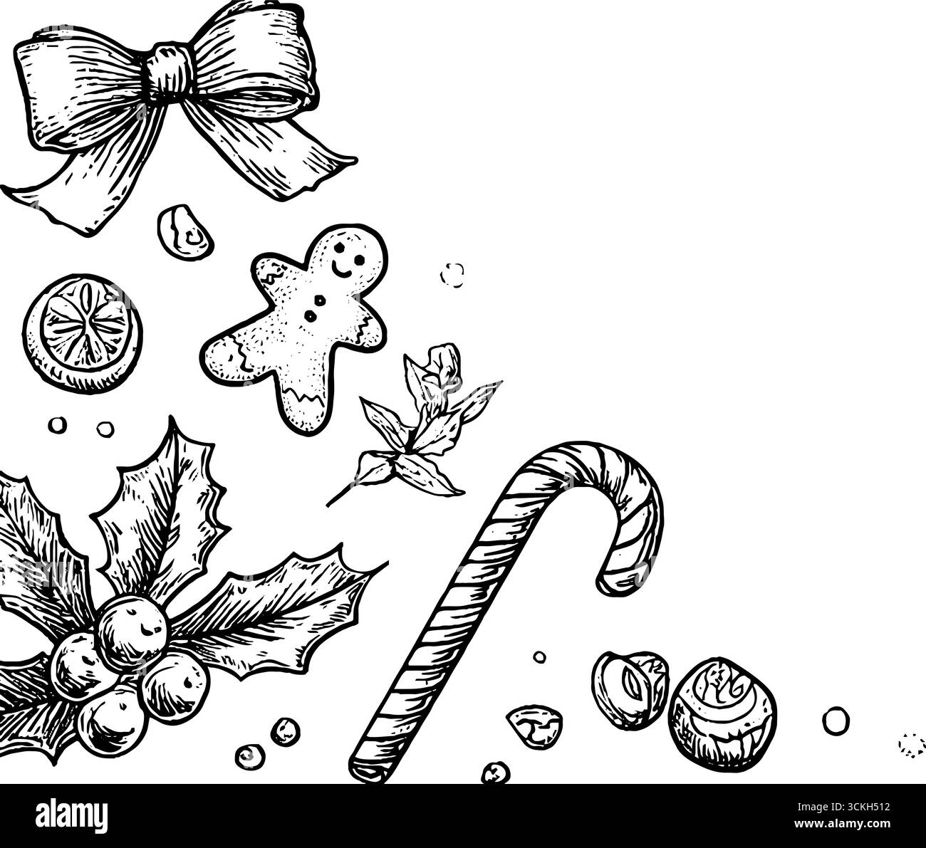 Bonbons et décorations festifs de vacances dans le style de gravure vintage pour la conception de noël. Illustration de Vecteur