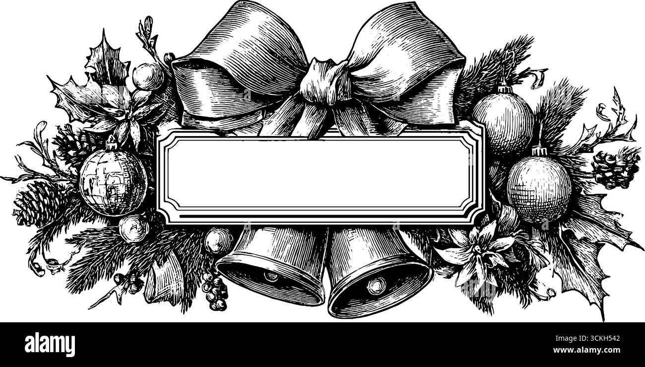 Décor de noël festif - gravure vintage de cloches, d'arcs et d'ornements de pin pour la conception de voeux de vacances. Illustration de Vecteur Décor de noël festif - gravure vintage de cloches, d'arcs et d'ornements de pin pour la conception de voeux de vacances. Illustration de Vecteur