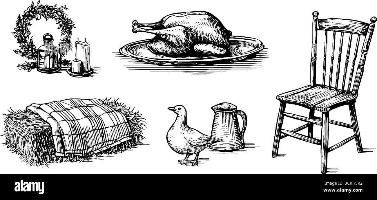 Ensemble d'illustration de fête de vacances rustique avec oie rôtie et éléments de grange festive pour un décor saisonnier. Illustration de Vecteur