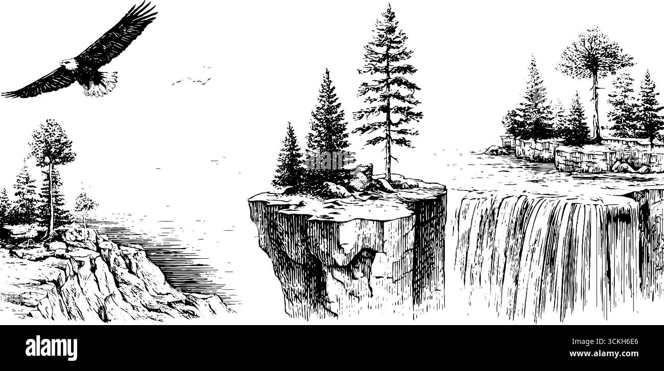 Ensemble de gravure de paysage de lac de montagne d'hiver avec cascade gelée et aigle. Illustration de Vecteur