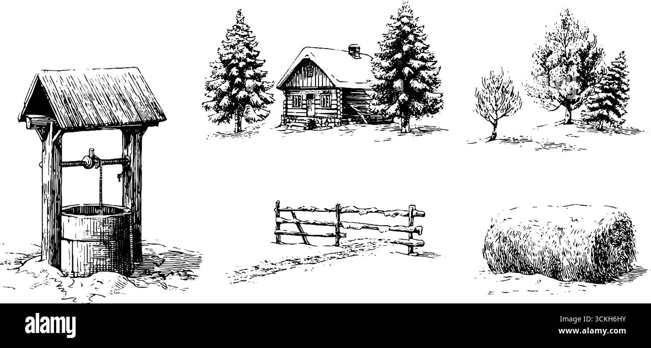 Ensemble de scène de village d'hiver rustique : cabane en bois, puits, arbres couverts de neige, et balle de foin pour la conception vintage. Illustration de Vecteur