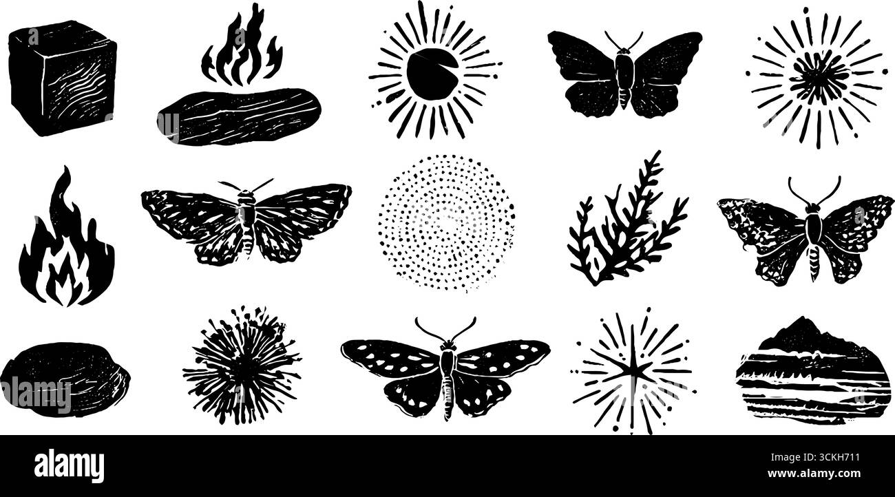 Éléments de transformation alchimique avec des papillons et des symboles célestes pour le design artistique. Illustration de Vecteur