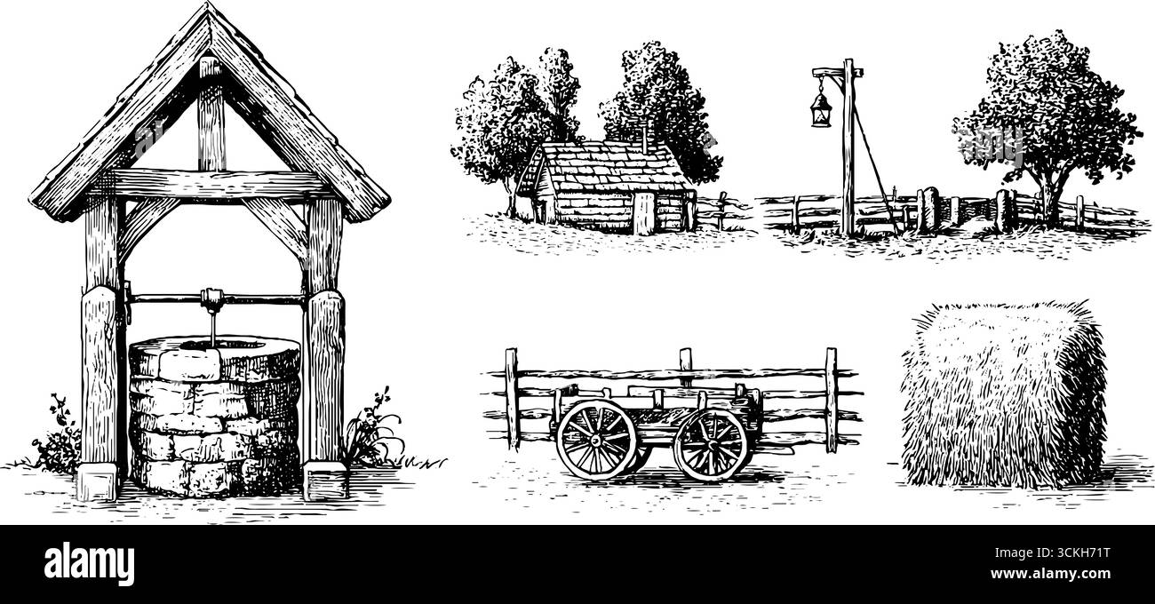 Collection de scènes de village d'automne : puits de pierre rustique, wagon, et croquis de paysage de campagne. Illustration de Vecteur