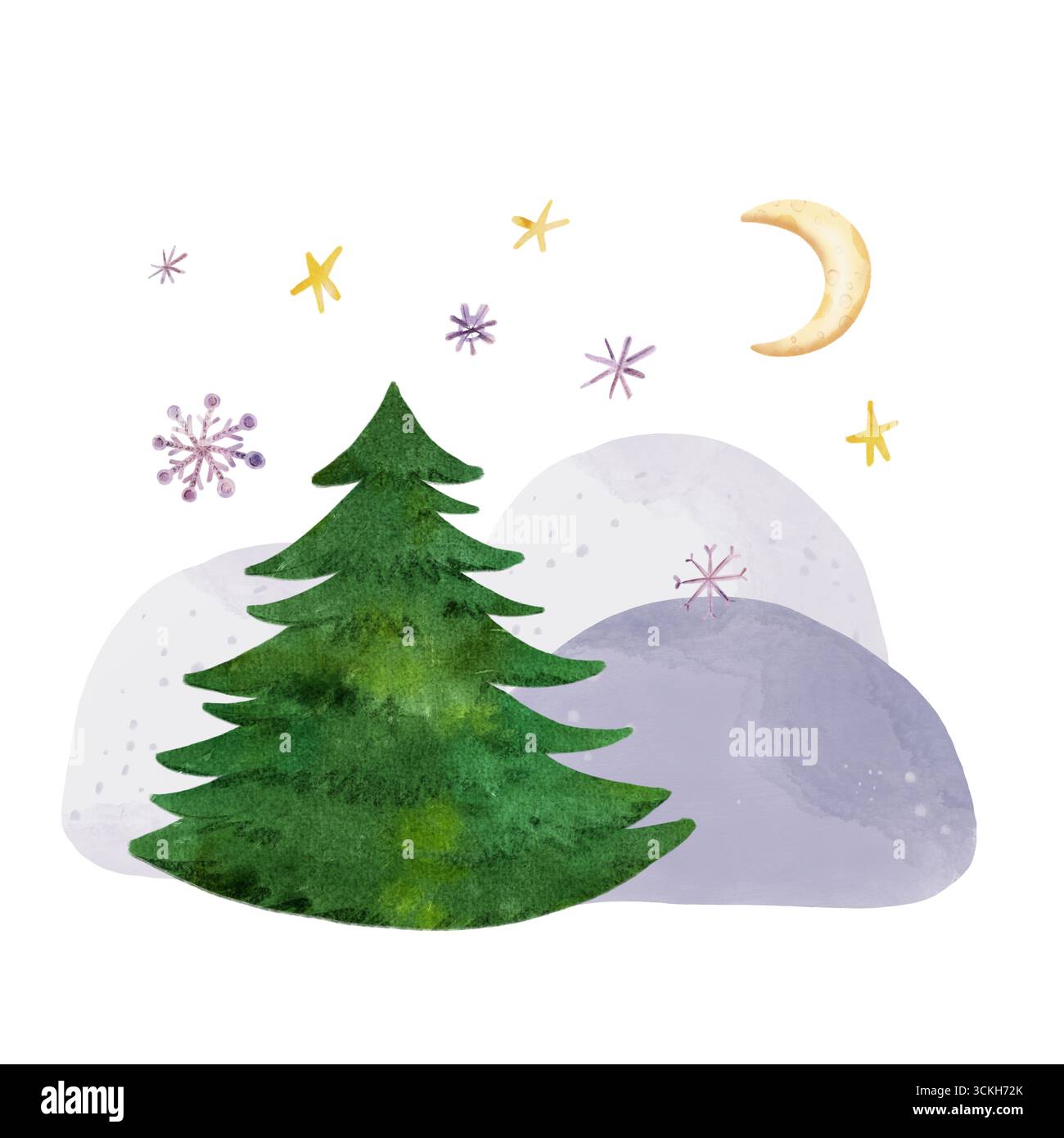 Illustration pour enfants dessinée à la main d'un pays des merveilles hivernales. Un sapin de Noël festif se dresse dans des dérives enneigées sous un ciel étoilé avec un Mo croissant Banque D'Images