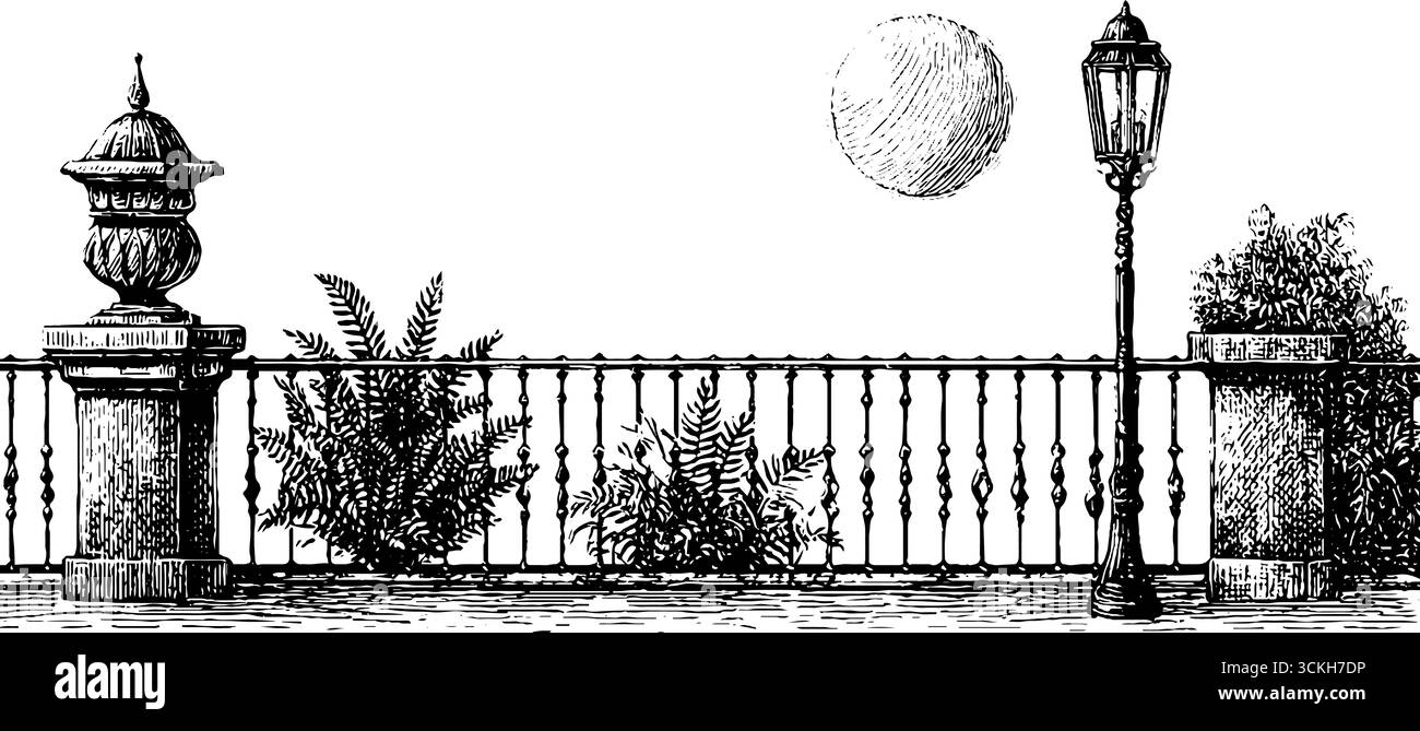 Scène de balcon de minuit vintage avec balustrades en fer et clair de lune pour un design classique. Illustration de Vecteur Scène de balcon de minuit vintage avec balustrades en fer et clair de lune pour un design classique. Illustration de Vecteur