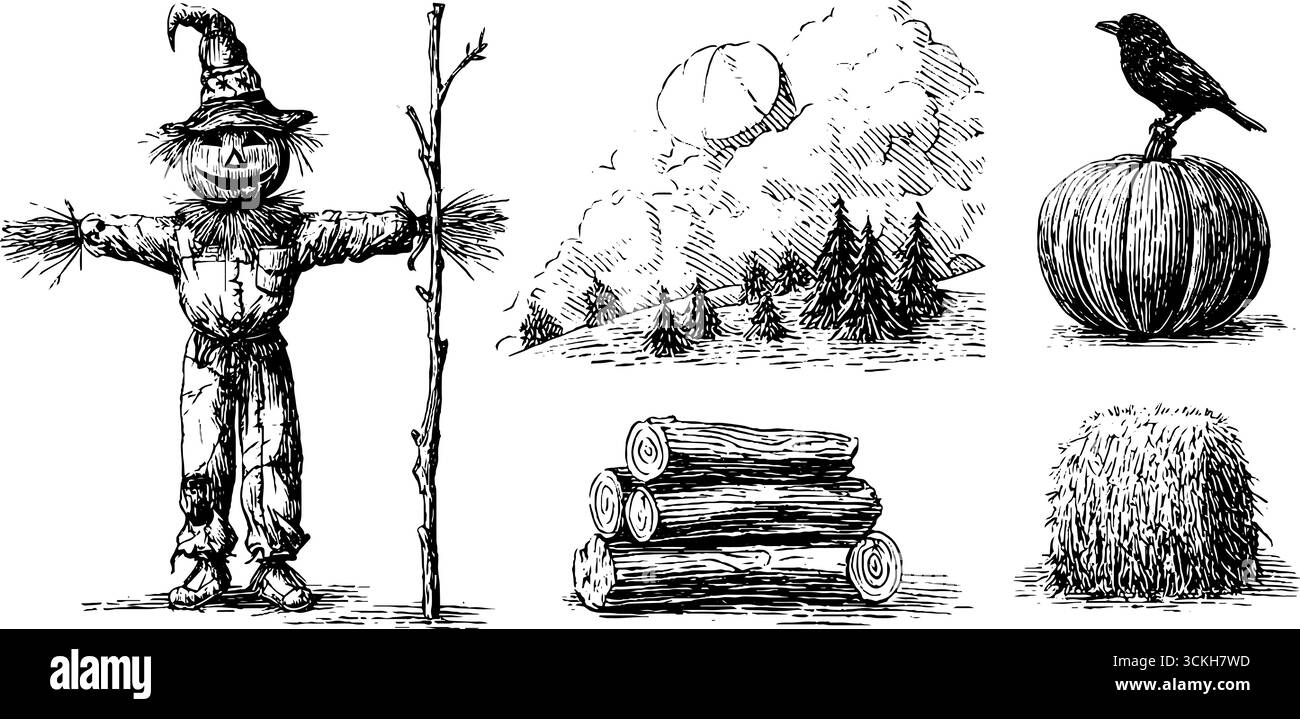 Scène nocturne de récolte d'Halloween avec épouvantail, citrouille, corbeau, rondins et paysage de pleine lune. Illustration de Vecteur