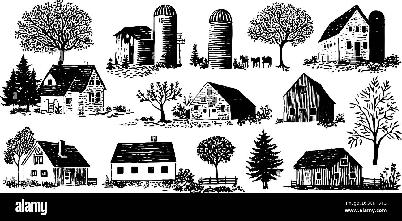 Motif rustique de linogravure de ferme avec des granges et des silos pour la conception de cartes et d'affiches. Illustration de Vecteur