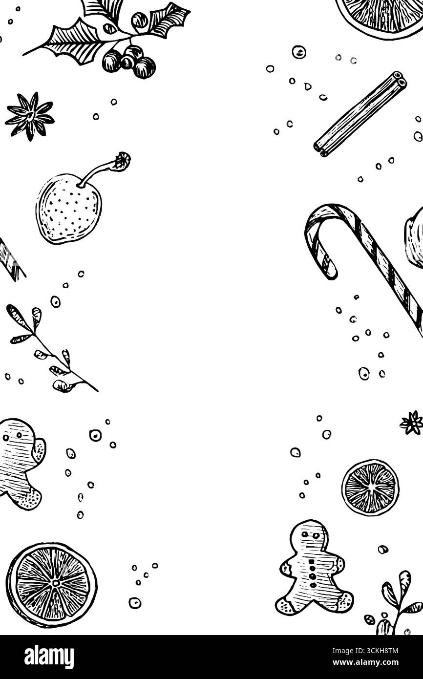 Bordure de noël festive avec des éléments de vacances gravés pour la conception de cartes de voeux. Illustration de Vecteur