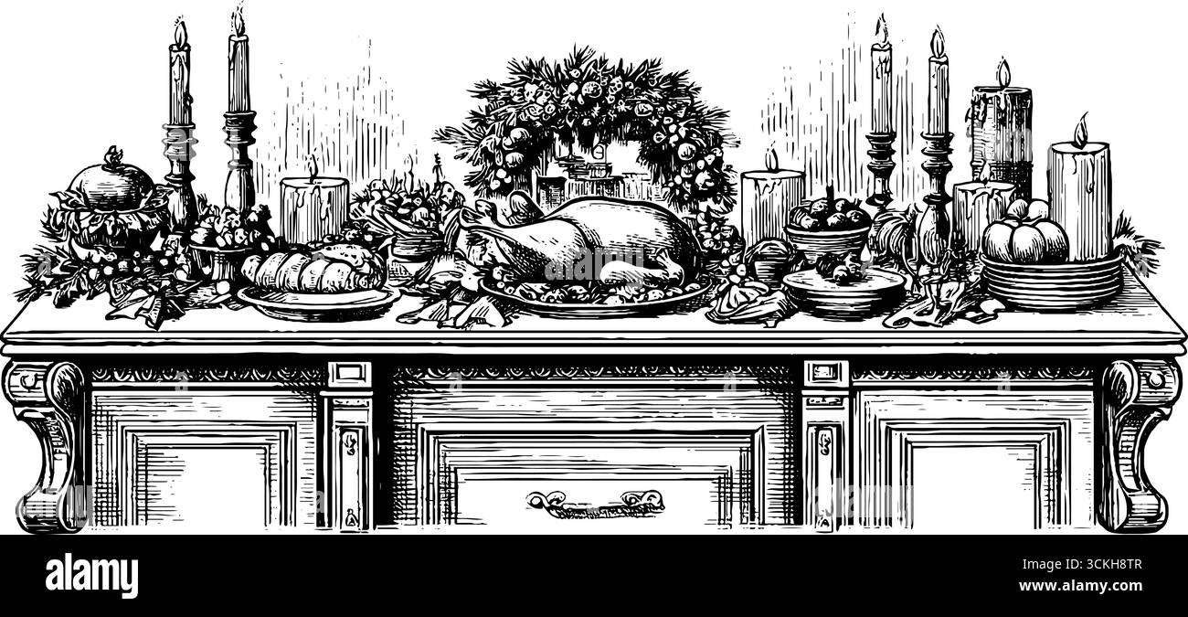 Scène de dîner de vacances vintage élégante avec fête et bougie pour un design rétro. Illustration de Vecteur