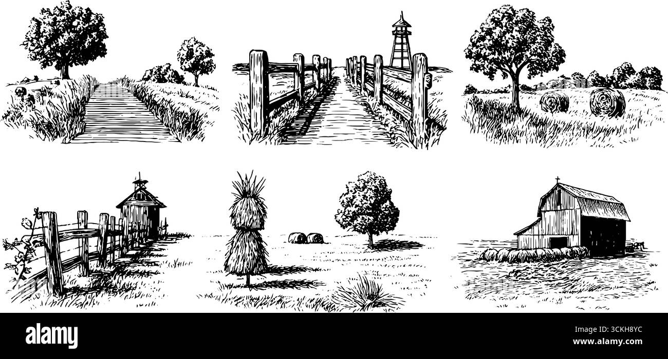 Collection de scènes de campagne d'automne avec des dessins de route et de chariot pour un décor rustique. Illustration de Vecteur