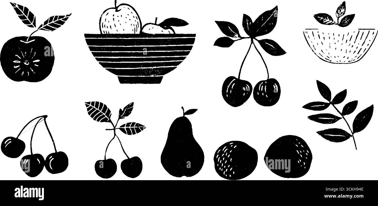 Composition de natures mortes de fruits linocut avec des pommes, des cerises et des poires pour la conception boho. Illustration de Vecteur