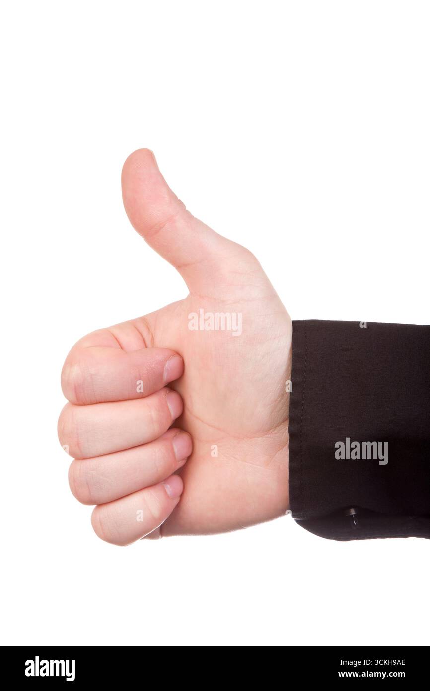 Homme d'affaires donnant Thumbs Up geste pour le succès et l'approbation, isolé sur fond blanc avec espace de copie Banque D'Images
