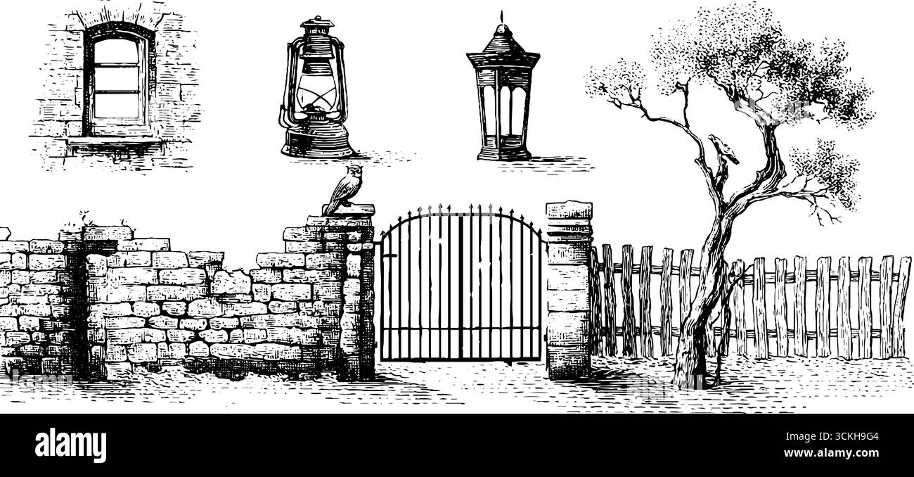 Éléments de maison hantés : fenêtre cassée, lanterne, clôture, arbre pour un design rétro. Illustration de Vecteur