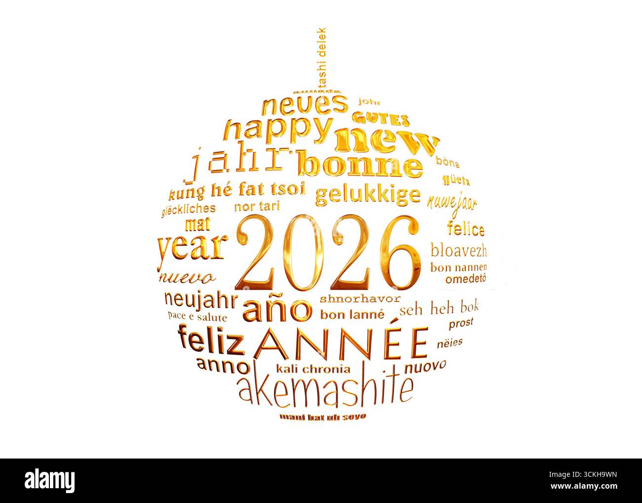 vacances du nouvel an 2026, carte de voeux de nuage de mots de texte doré multilingue sous la forme d'une boule de noël isolée sur fond blanc Banque D'Images
