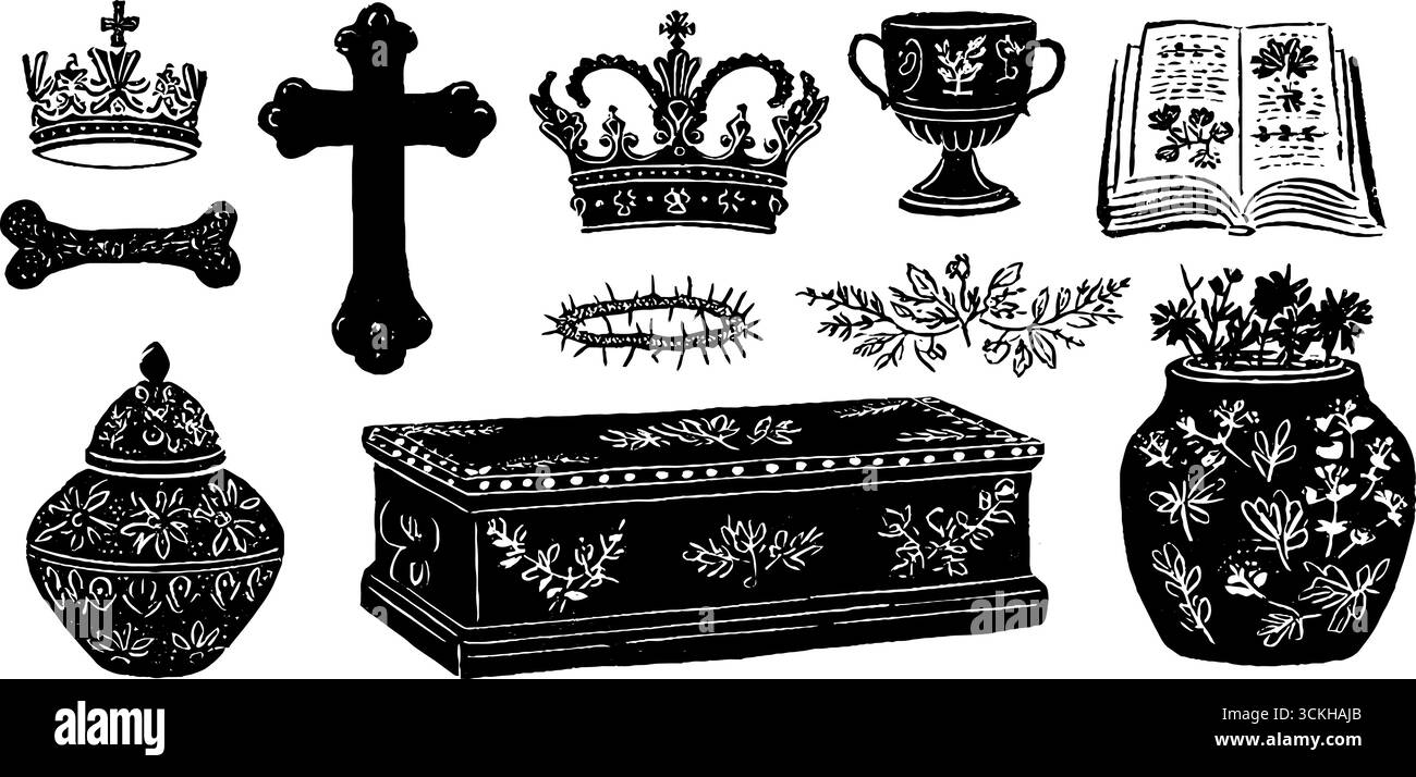 Linocut collection de reliques saintes, y compris Graal, couronne et croix - art sacré pour le design vintage. Illustration de Vecteur