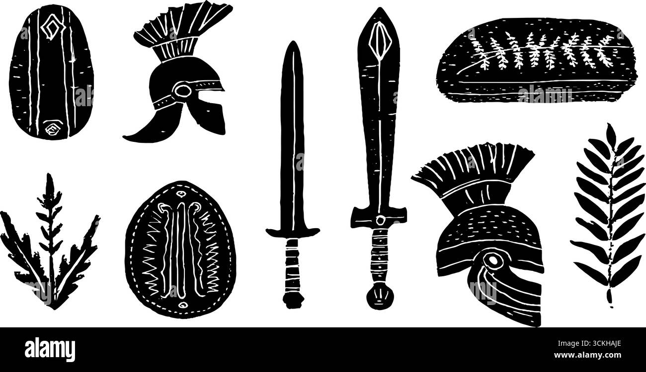 Collection d'armes romaines antiques - épée de gladius linocut et pilum ensemble pour la conception. Illustration de Vecteur