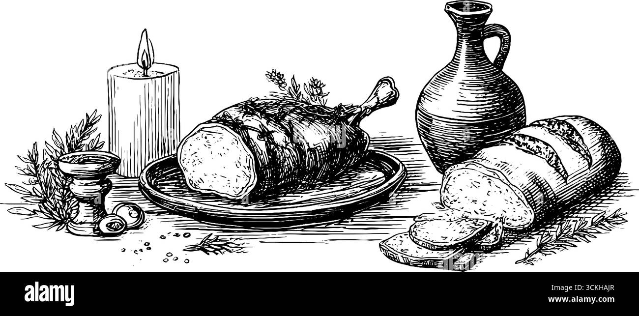 Ensemble d'illustration de fête hivernale Viking – plateau en bois, bougie, cruche et pain. Illustration de Vecteur