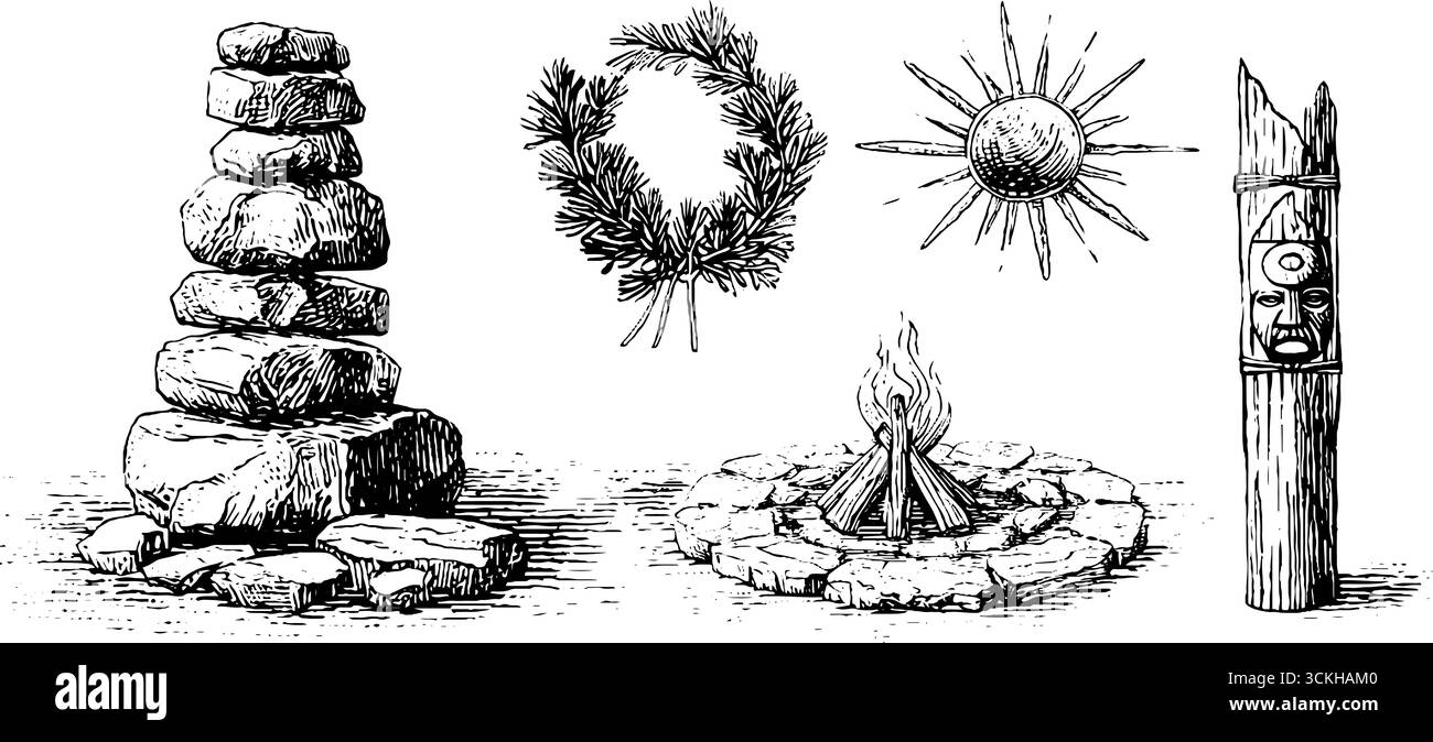 Collection d'éléments rituels du solstice d'hiver : feu de joie, soleil, couronne, cairn en pierre et totem pour les fêtes saisonnières. Illustration de Vecteur