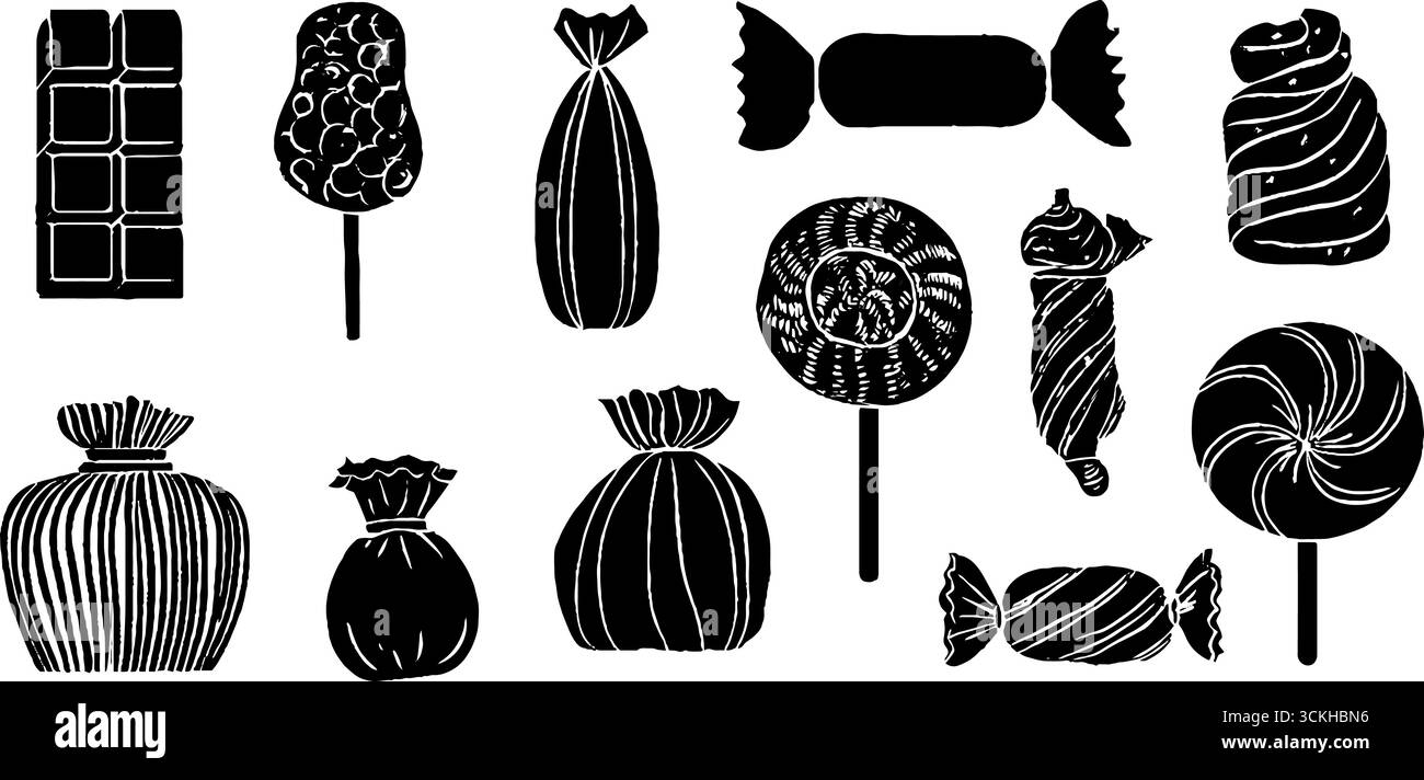 Collection de bonbons linocut avec barres de chocolat et pralines à la truffe pour des projets de design vintage. Illustration de Vecteur