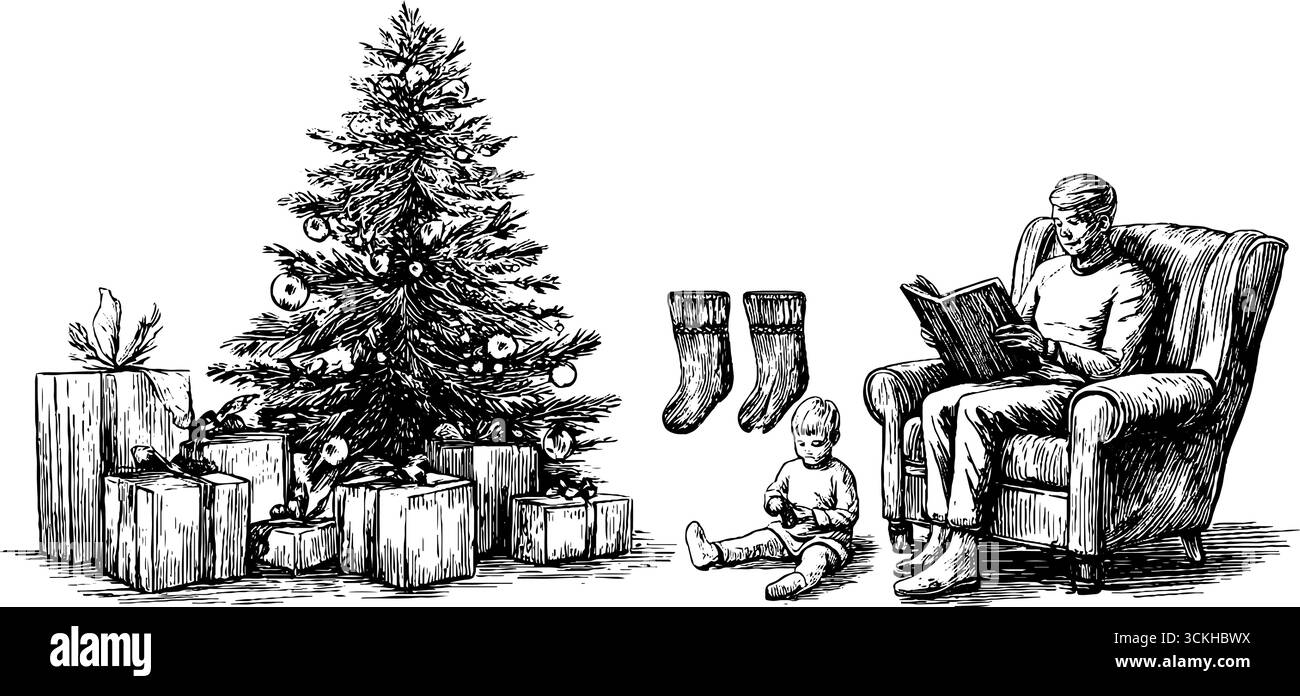 Soirée de vacances, réunion de famille avec des cadeaux et arbre de noël décoré pour la conception de célébration festive. Illustration de Vecteur