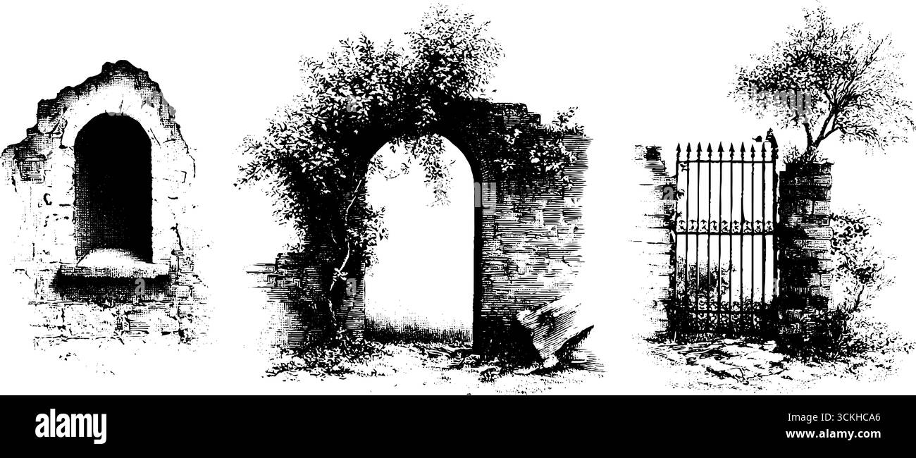 Éléments de ville abandonnés dans le style de gravure vintage pour les projets de conception. Illustration de Vecteur