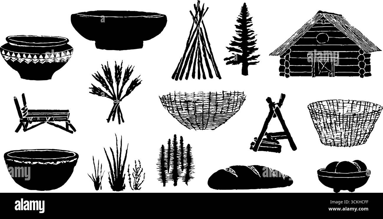 Collection d'objets de la vie quotidienne de l'âge de fer - pot en argile, chaudron, et plus pour la conception historique et la décoration. Illustration de Vecteur