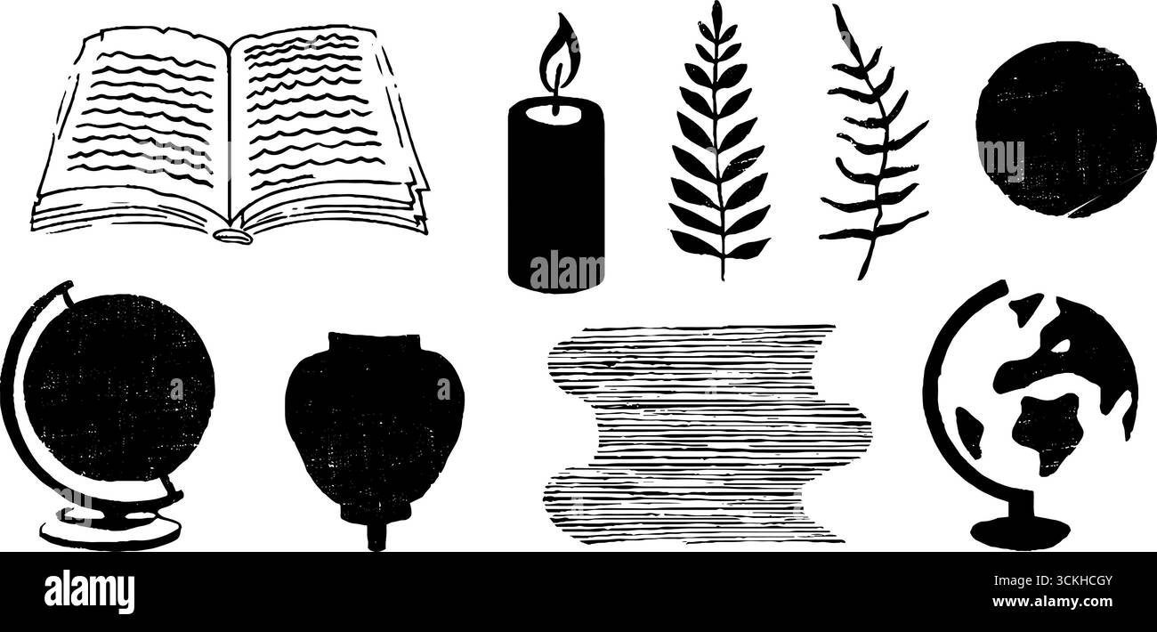 Ensemble d'illustration de livre linocut avec livre ouvert, bougie, globe et éléments de la nature pour la conception créative. Illustration de Vecteur