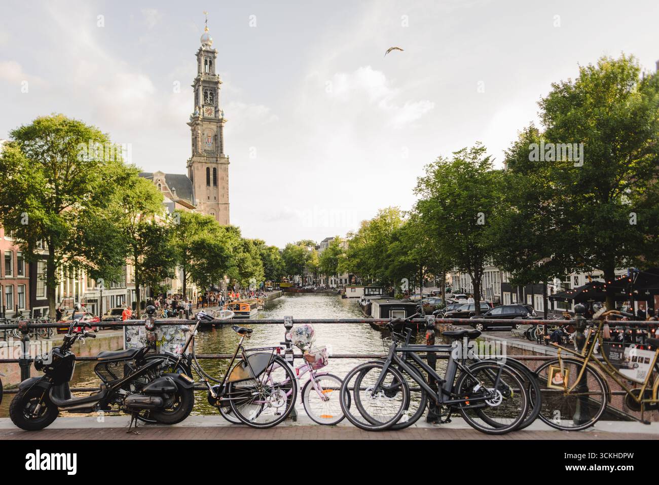 Tour de l'église de Westerkerk s'élevant au-dessus du canal avec des vélos sur le pont Banque D'Images