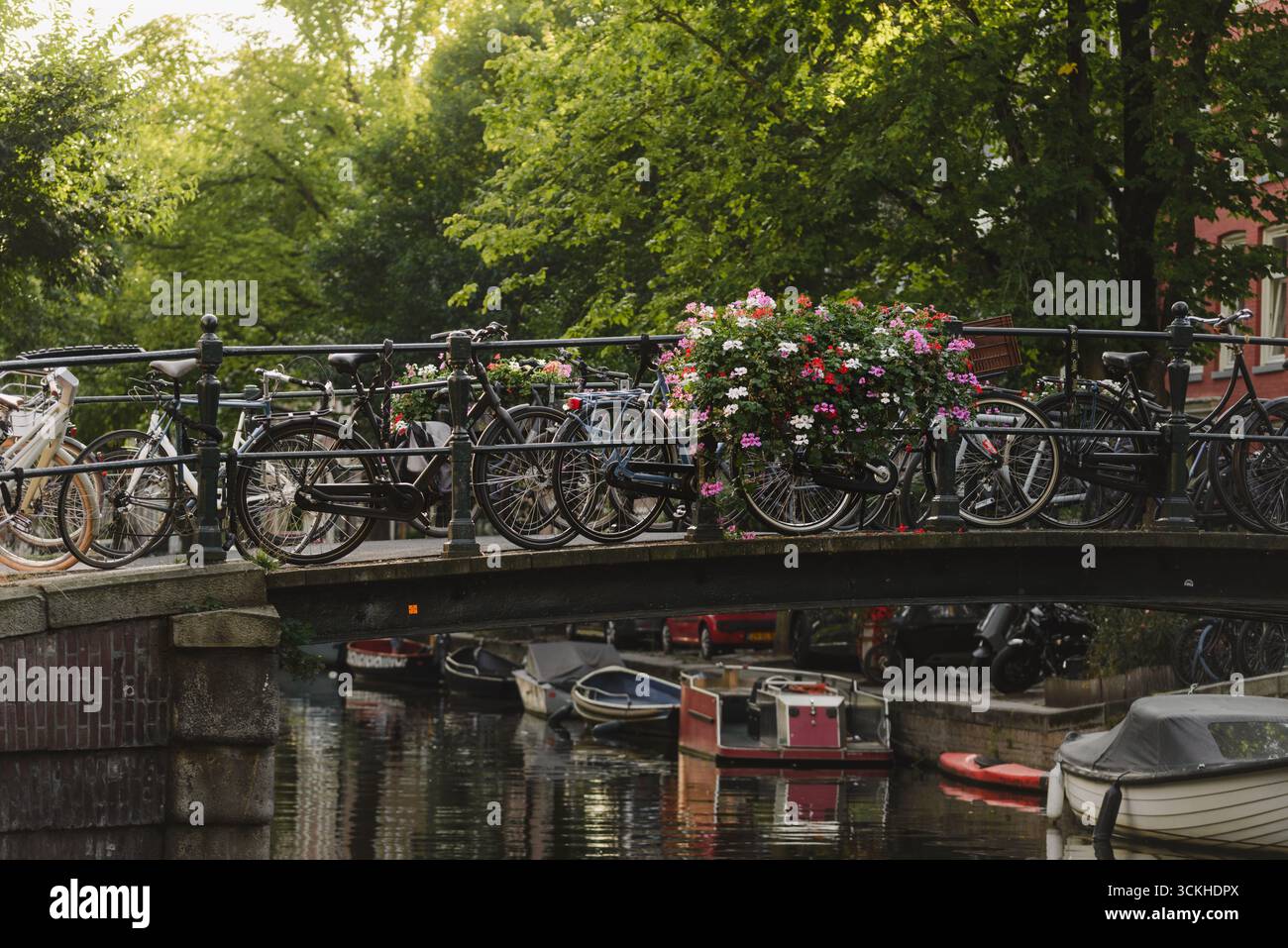 Pont d'Amsterdam décoré de vélos et de paniers de fleurs sur le canal Banque D'Images