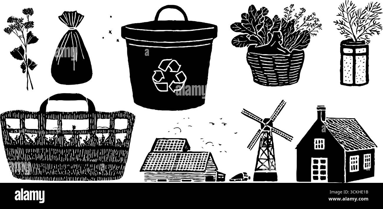 Collection de design de linogravure écologique avec des concepts de recyclage et de vie durable. Illustration de Vecteur