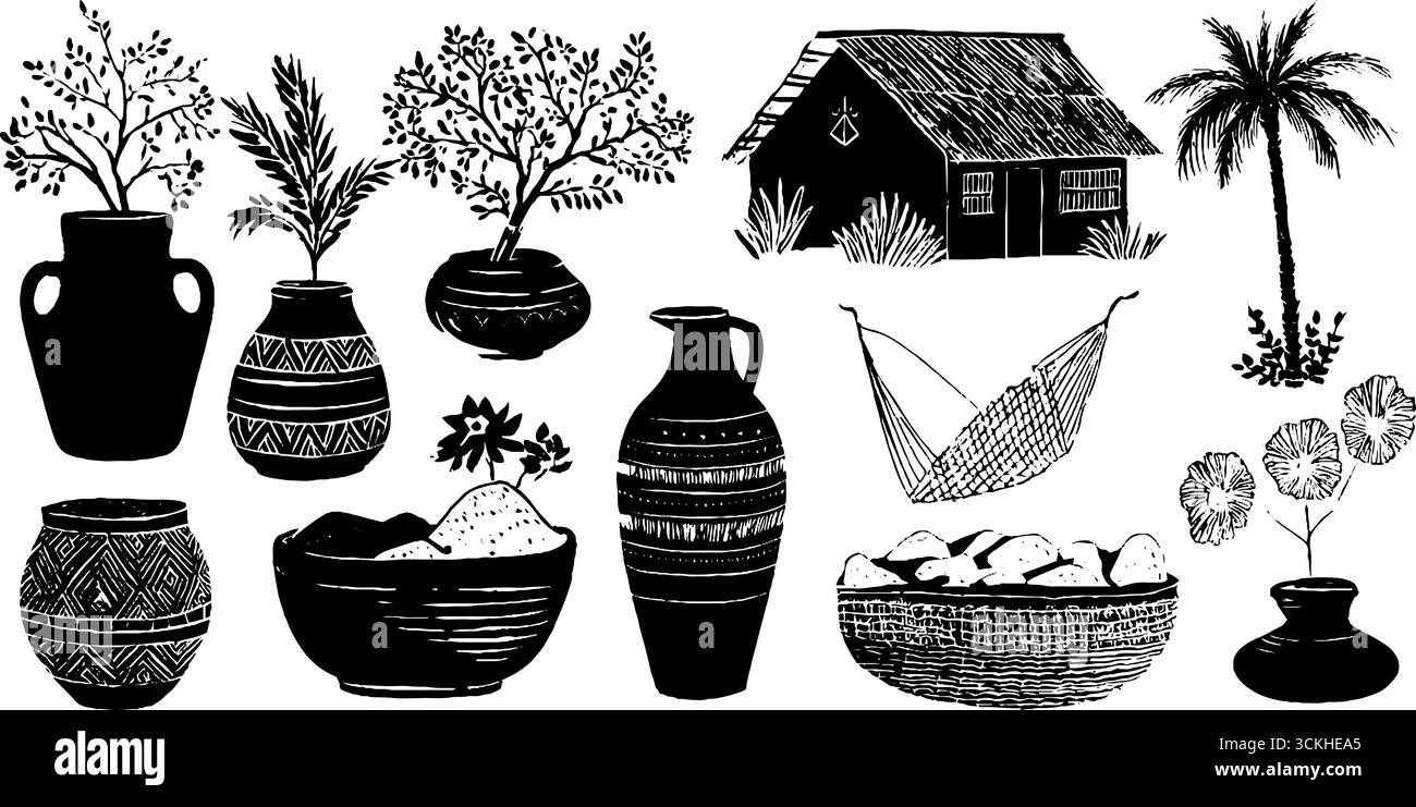 Ensemble d'objets de la vie quotidienne africaine : poterie en argile, paniers tissés et éléments de la nature pour la conception. Illustration de Vecteur