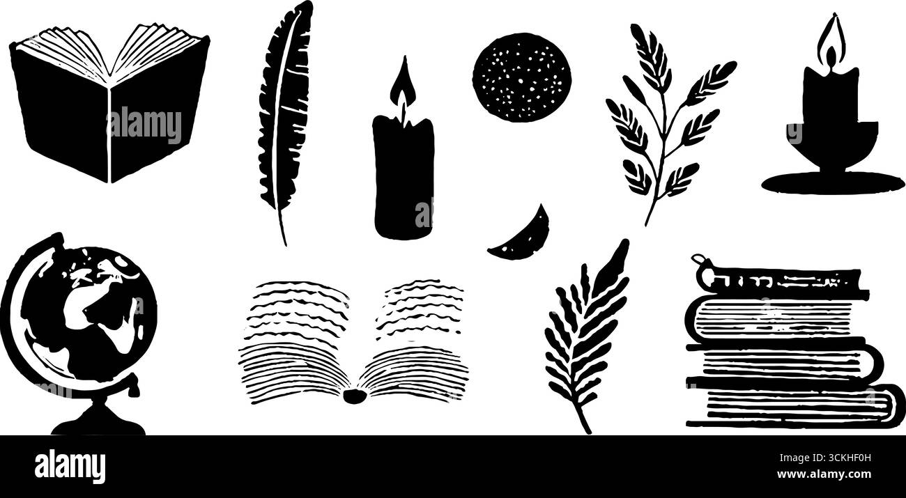Livre de linogravure vintage et ensemble d'illustration de bougie pour la conception artistique et la décoration. Illustration de Vecteur