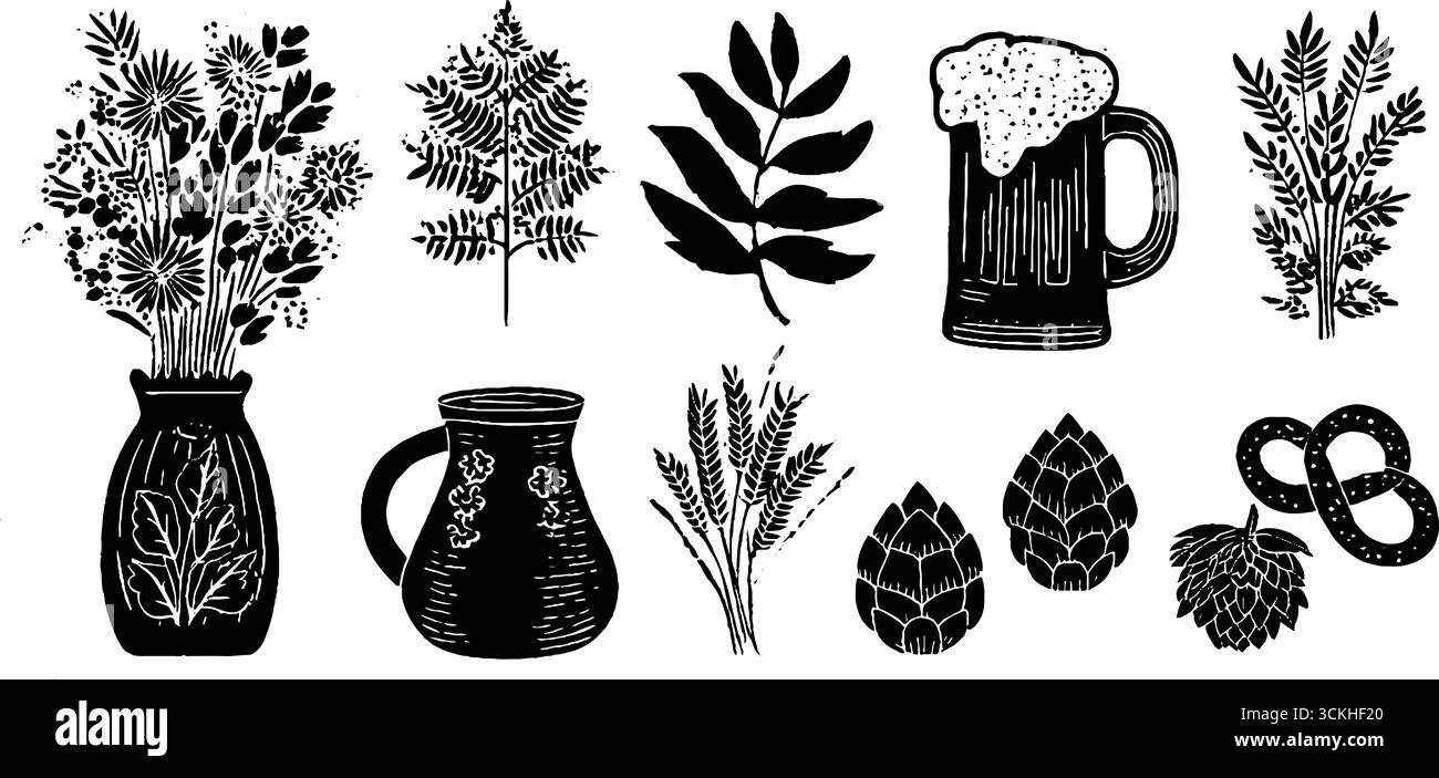 Éléments de conception de bière allemands avec tasse de bière, blé et houblon pour le décor vintage et les projets d'artisanat. Illustration de Vecteur